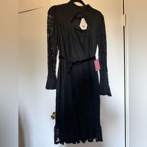 Ivy City Co Black Lace Long Sleeve Midi Dress with Velvet Tie